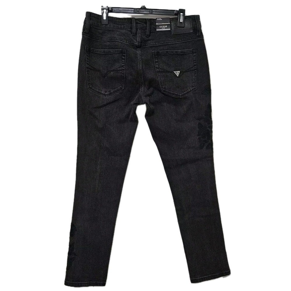 Guess Jeans Women 32 Black Slim Tapered Floral Embroidered Denim Gothic Modern